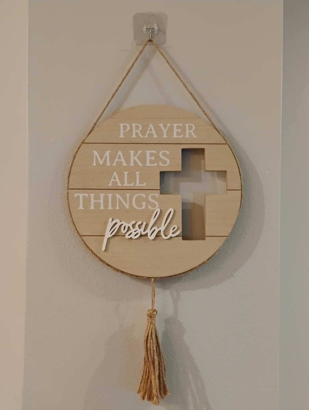 Prayer Makes All Things Possible Beige Wooden Wall Decor With Tassel